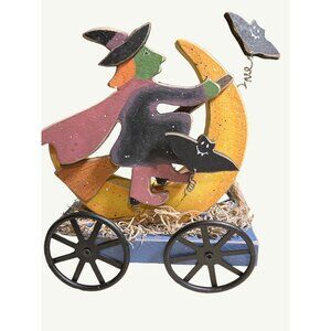 Wooden Witch On Moon With Bat Figurine On Wheels Halloween Decor